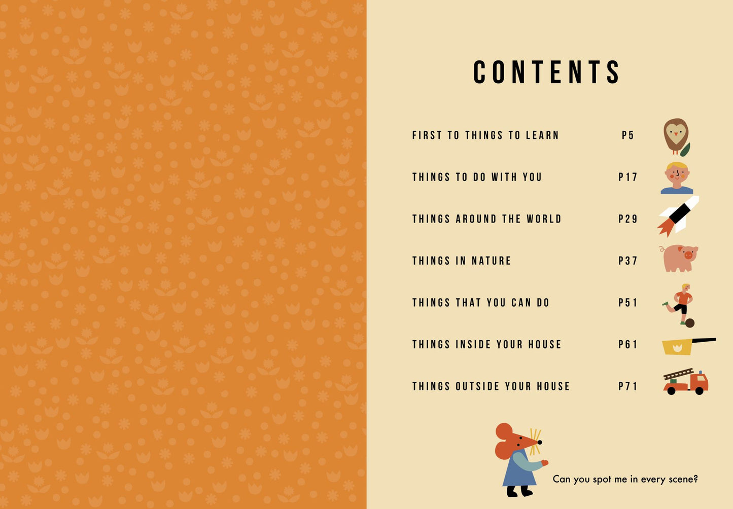 Contents page of a book with illustrations and text on an orange and beige background
