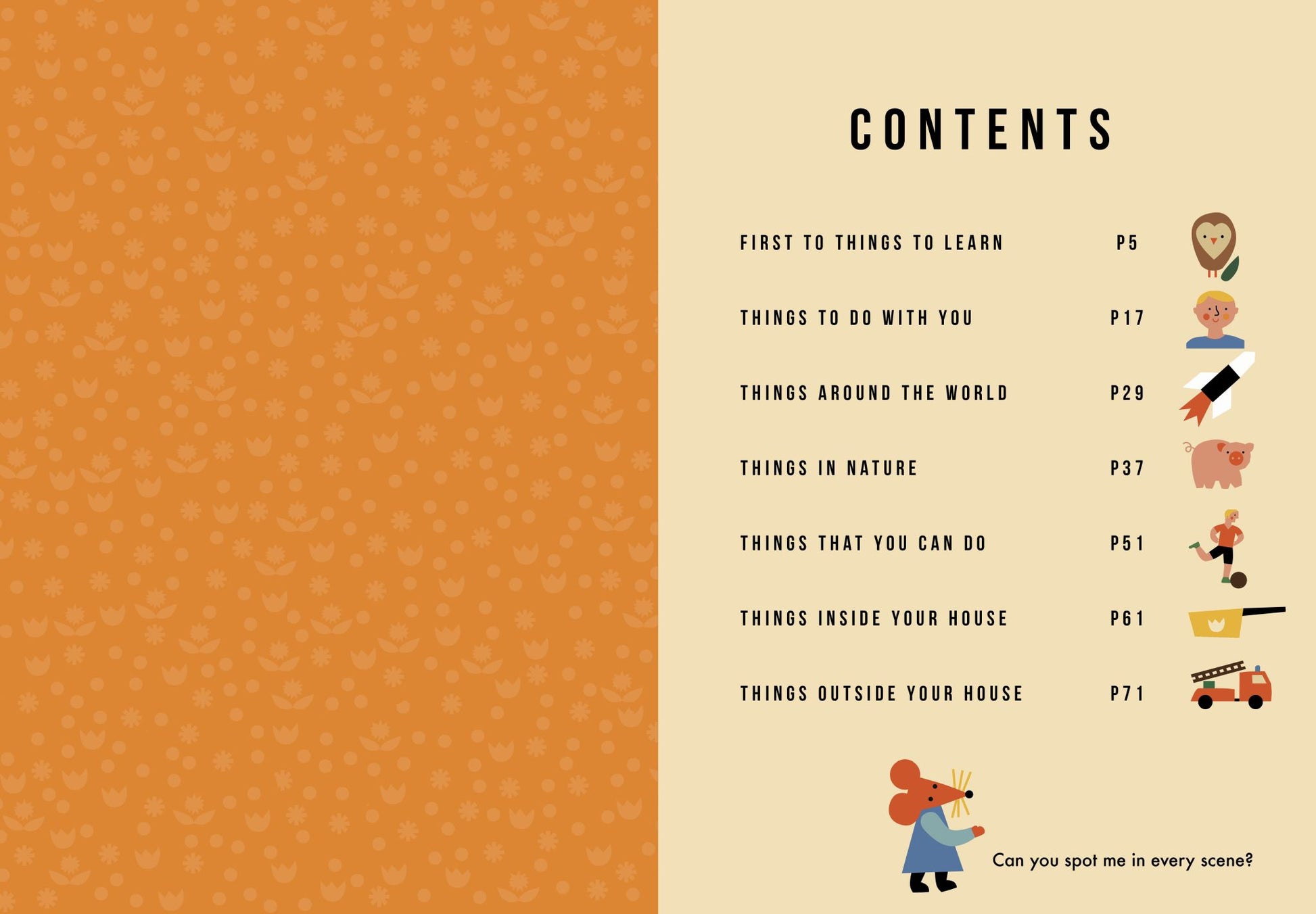 Contents page of a book with illustrations and text on an orange and beige background