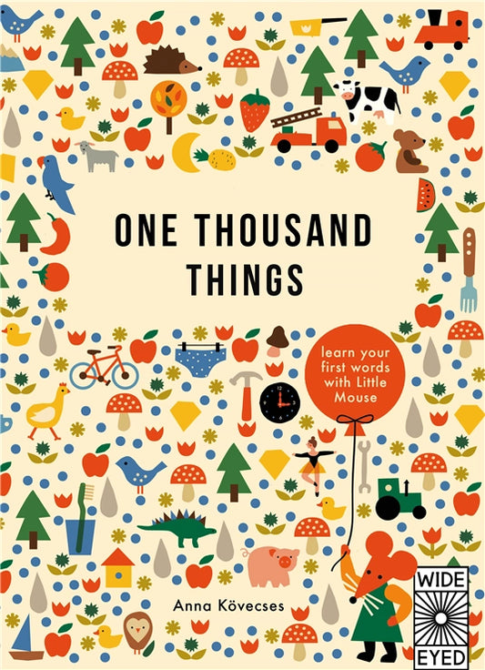 Book cover of 'One Thousand Things' with colorful illustrations and text on a beige background.