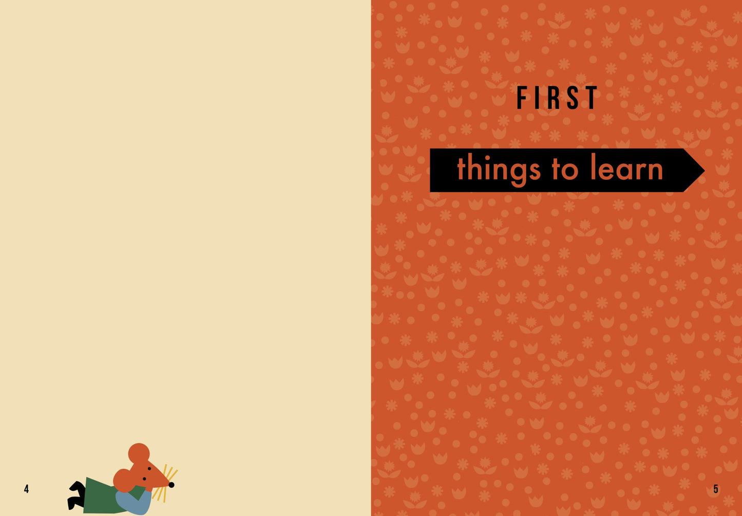 Book cover with 'First things to learn' text on an orange and beige background