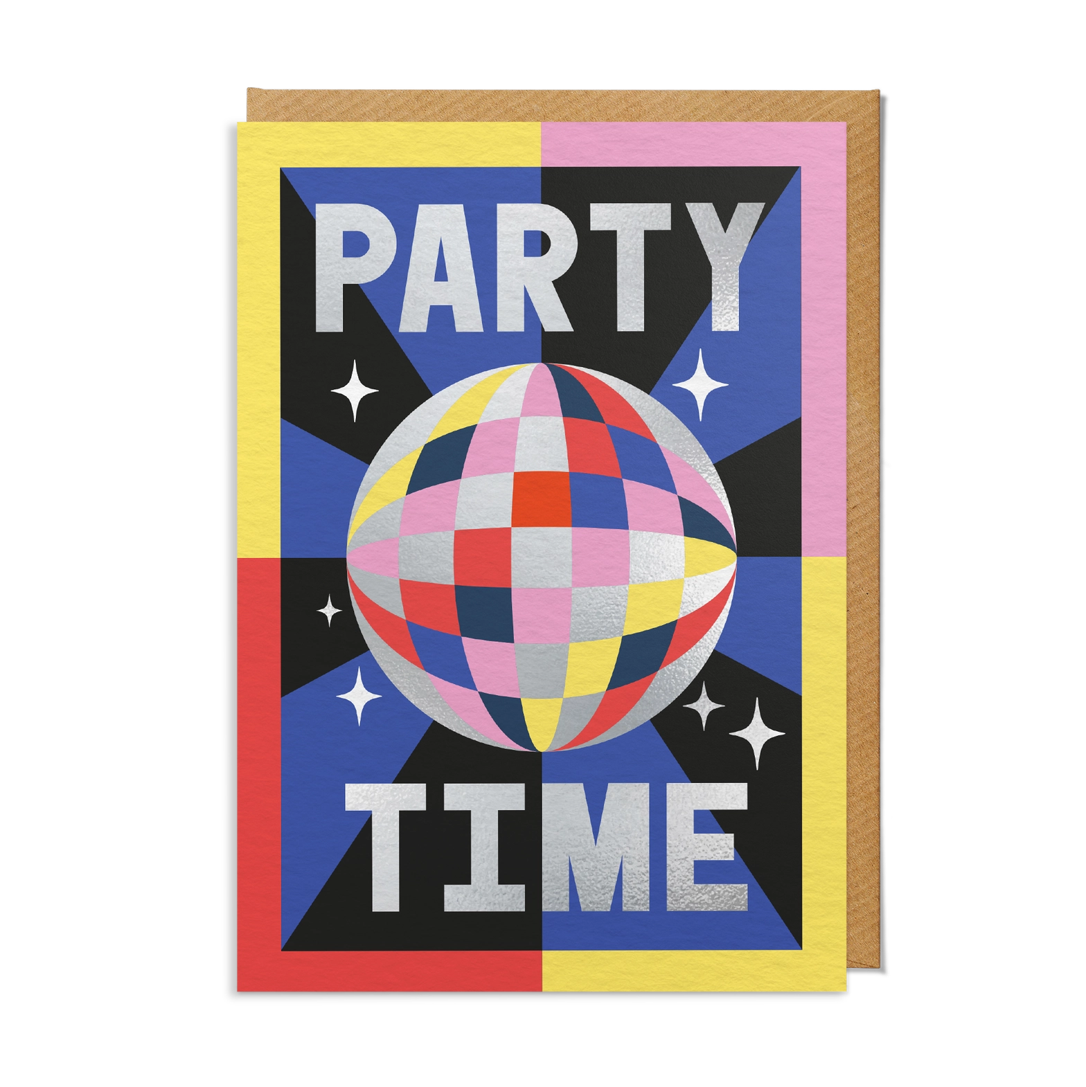 Greeting card with 'Party Time' text and colorful globe design on a multicolored background