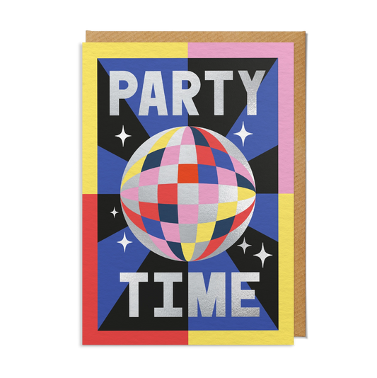 Greeting card with 'Party Time' text and colorful globe design on a multicolored background