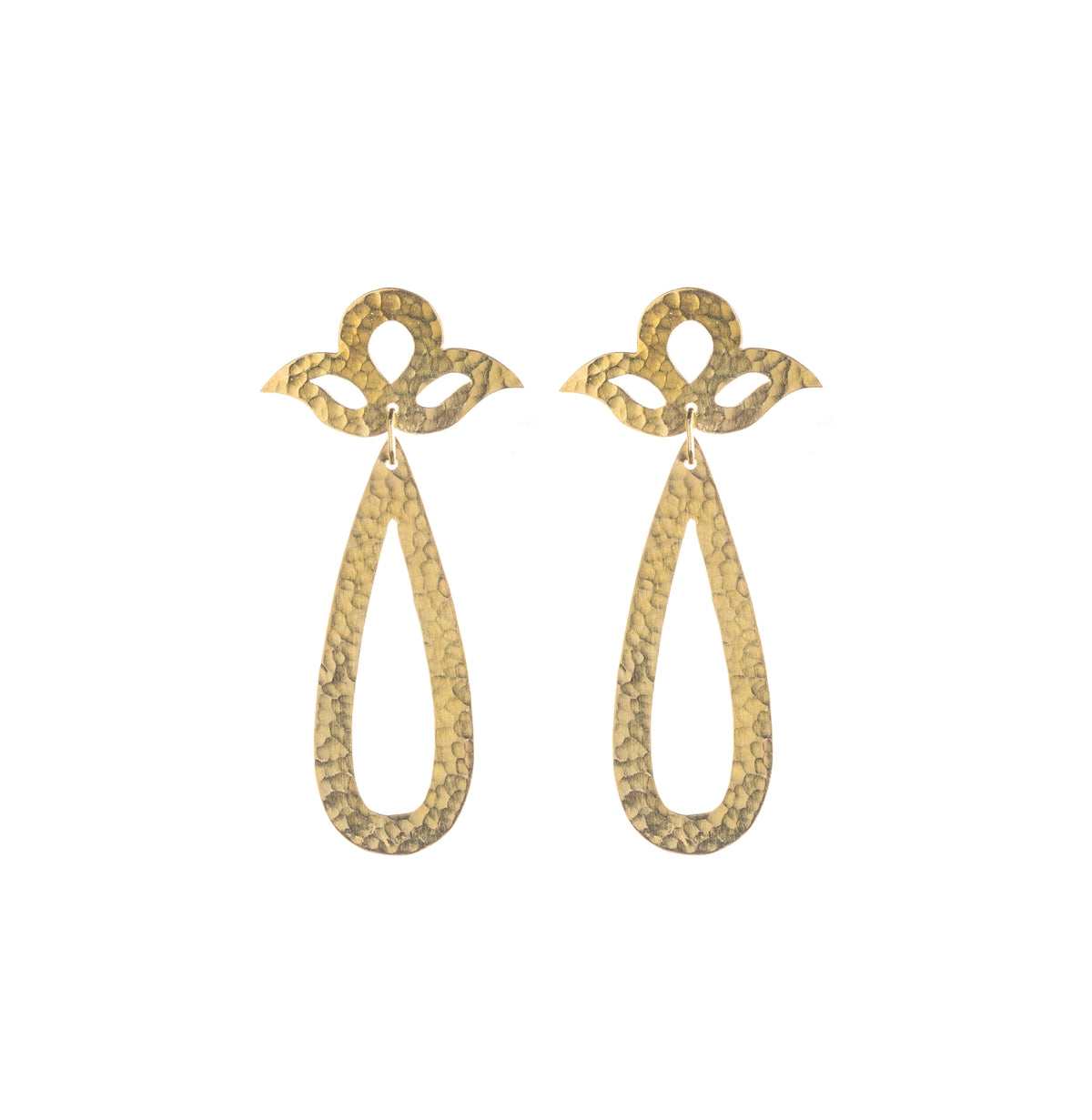 Hammered brass, hollow design drop studs, in a peacock inspired design, on a white background.
