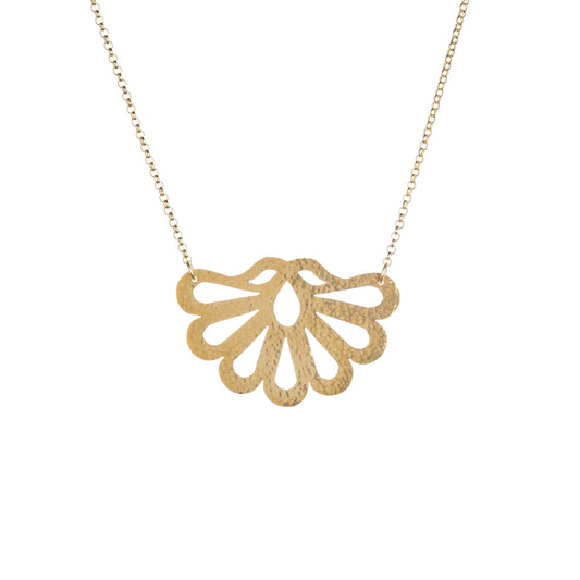 Brass peacock feather statement necklace with chain on a white background.