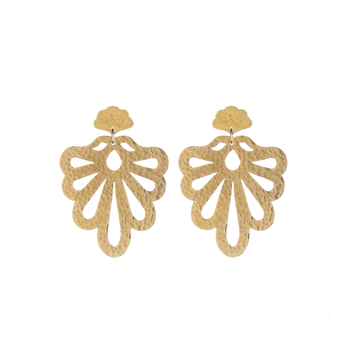 Large hammered brass statement studs in  a feathered peacock design, on a white background.