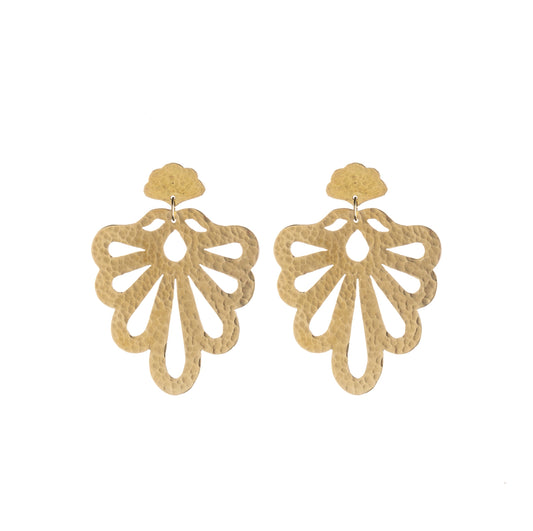 Large hammered brass statement studs in  a feathered peacock design, on a white background.