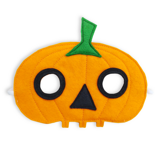 Pumpkin-shaped eye mask with a green stem on a white background