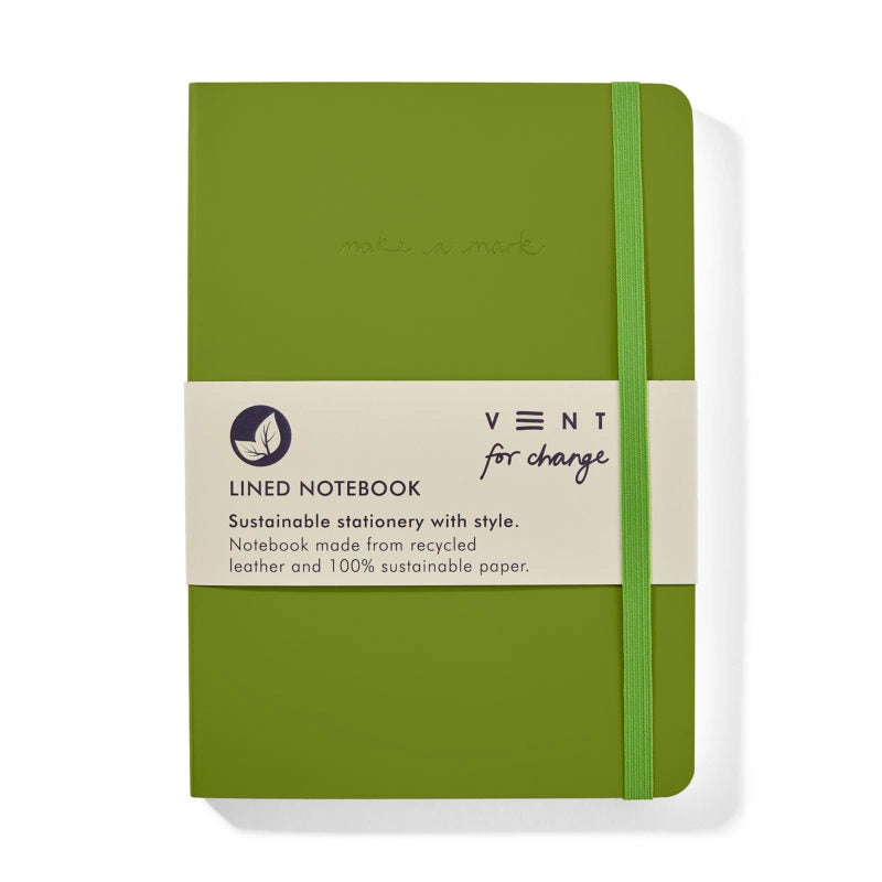 Green notebook with a strap on a white background, featuring the 'Vent for Change' brand.