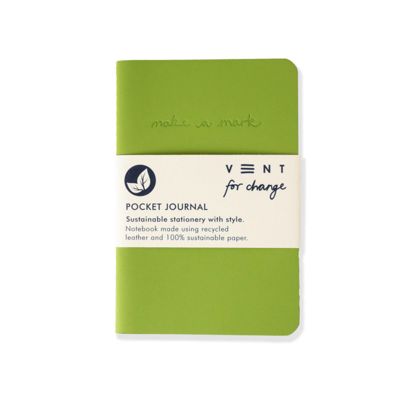 Green pocket journal with 'vent for change' branding on a white background