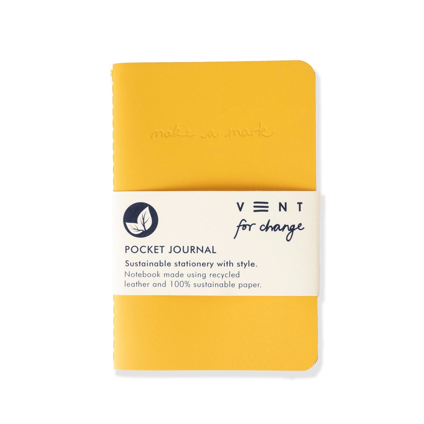 Yellow pocket journal with 'vent for change' branding on a white background