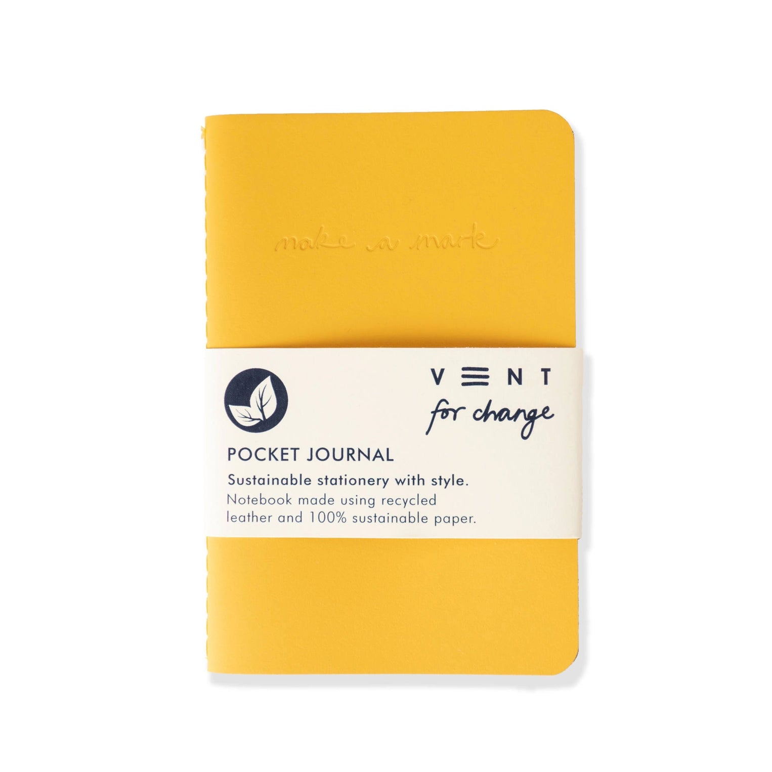Yellow pocket journal with 'vent for change' branding on a white background