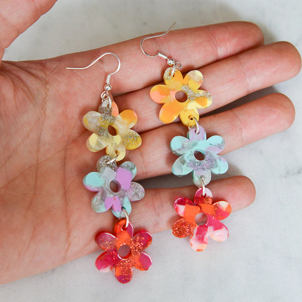 Triple Flower Power Dangle Earrings - Recycled Acrylic