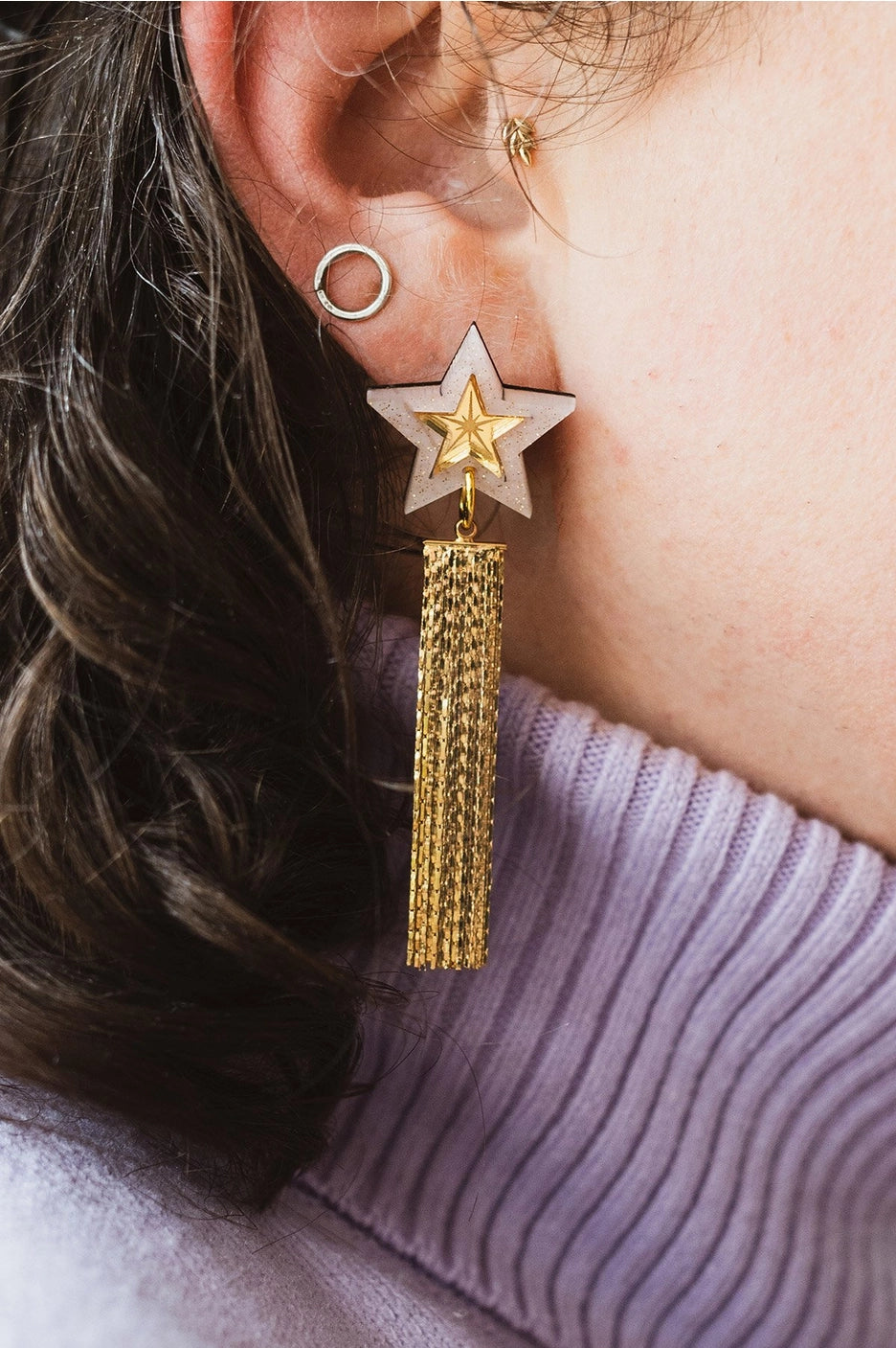 Shooting Star Acrylic Earrings - Cream & Gold