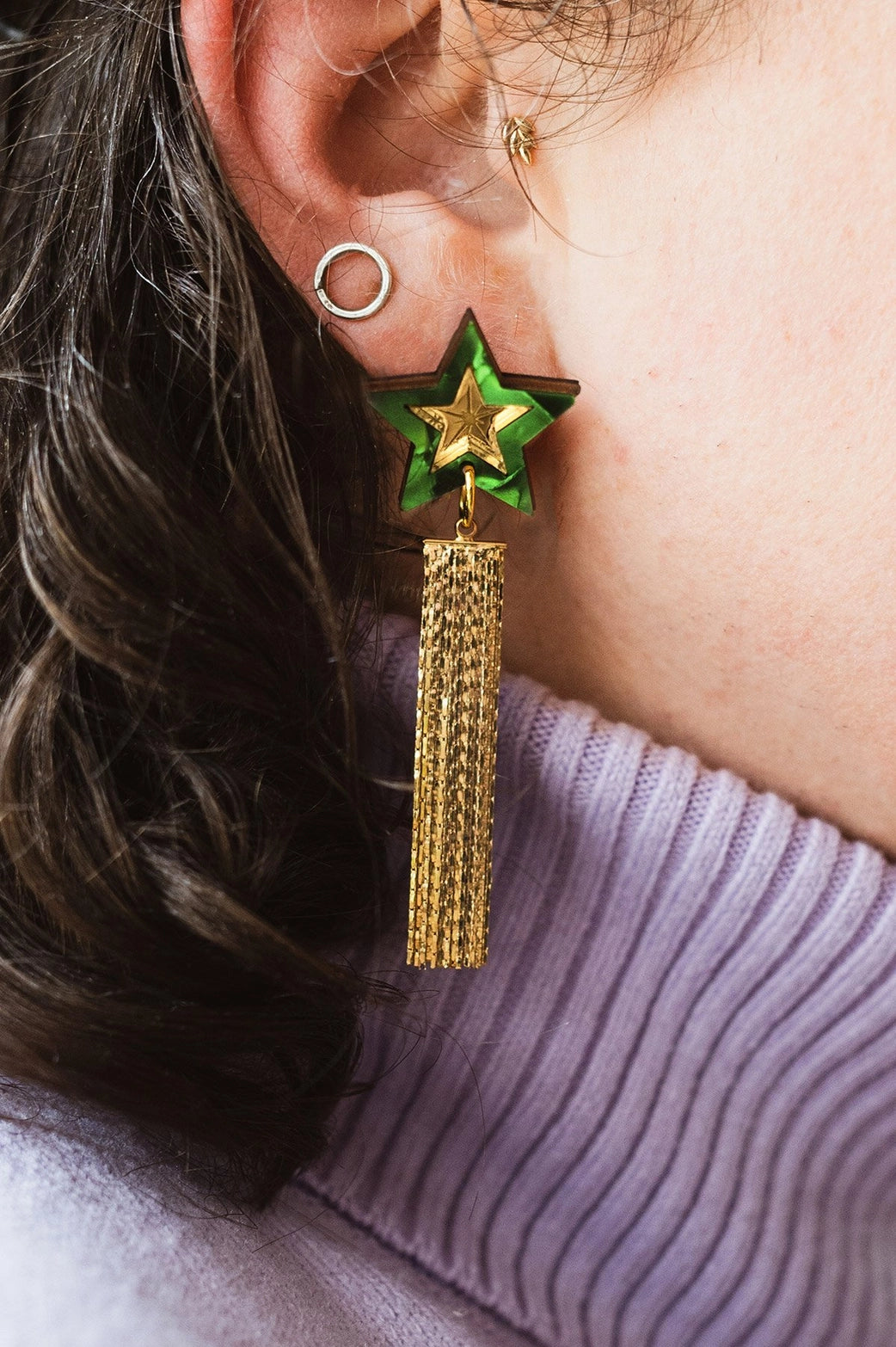 Shooting Star Acrylic Earrings - Green & Gold