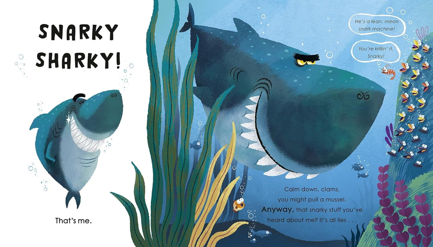 Double page spread of Snarky Sharky with illustrations of the ocean.
