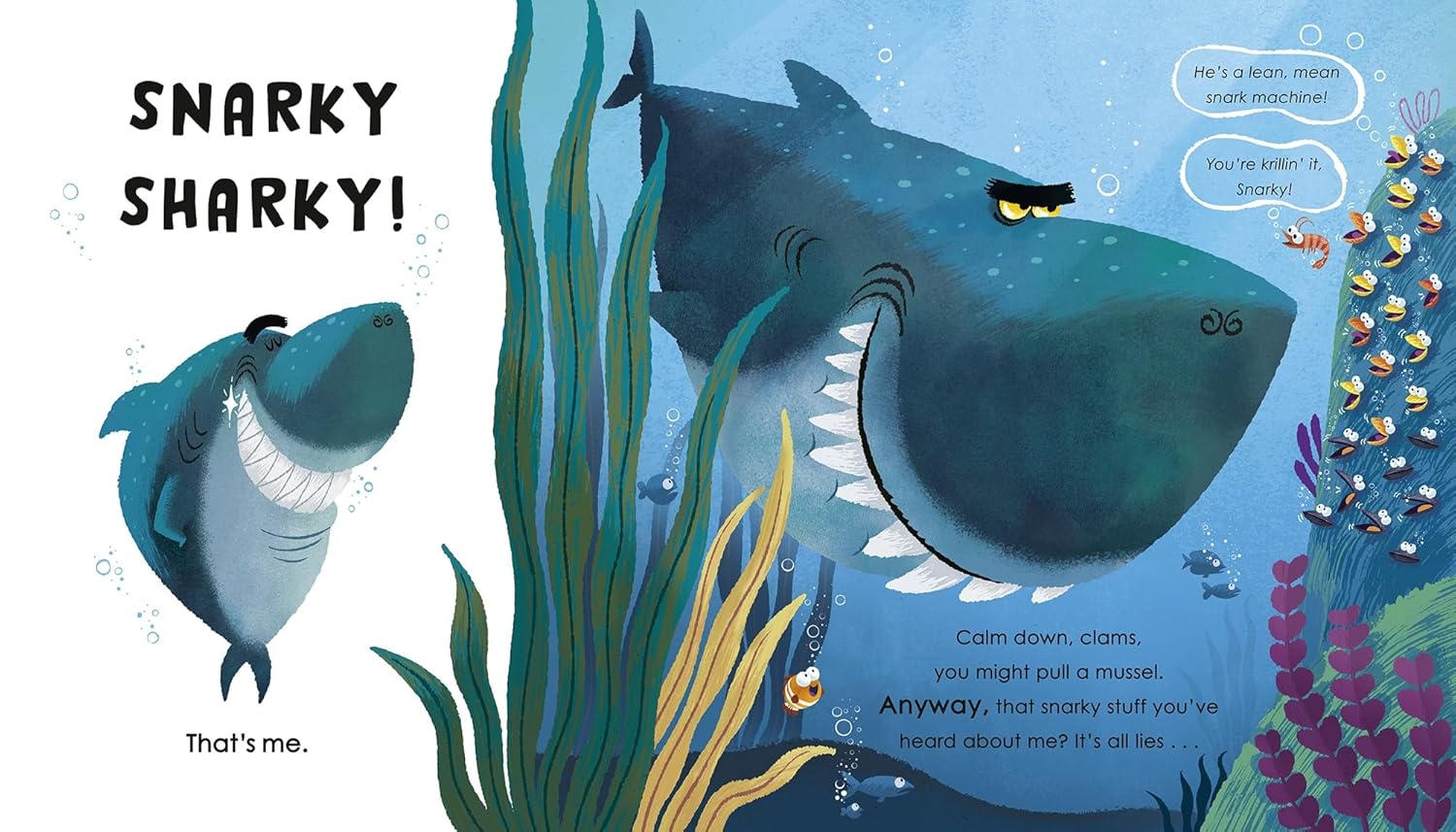 Double page spread of Snarky Sharky with illustrations of the ocean.