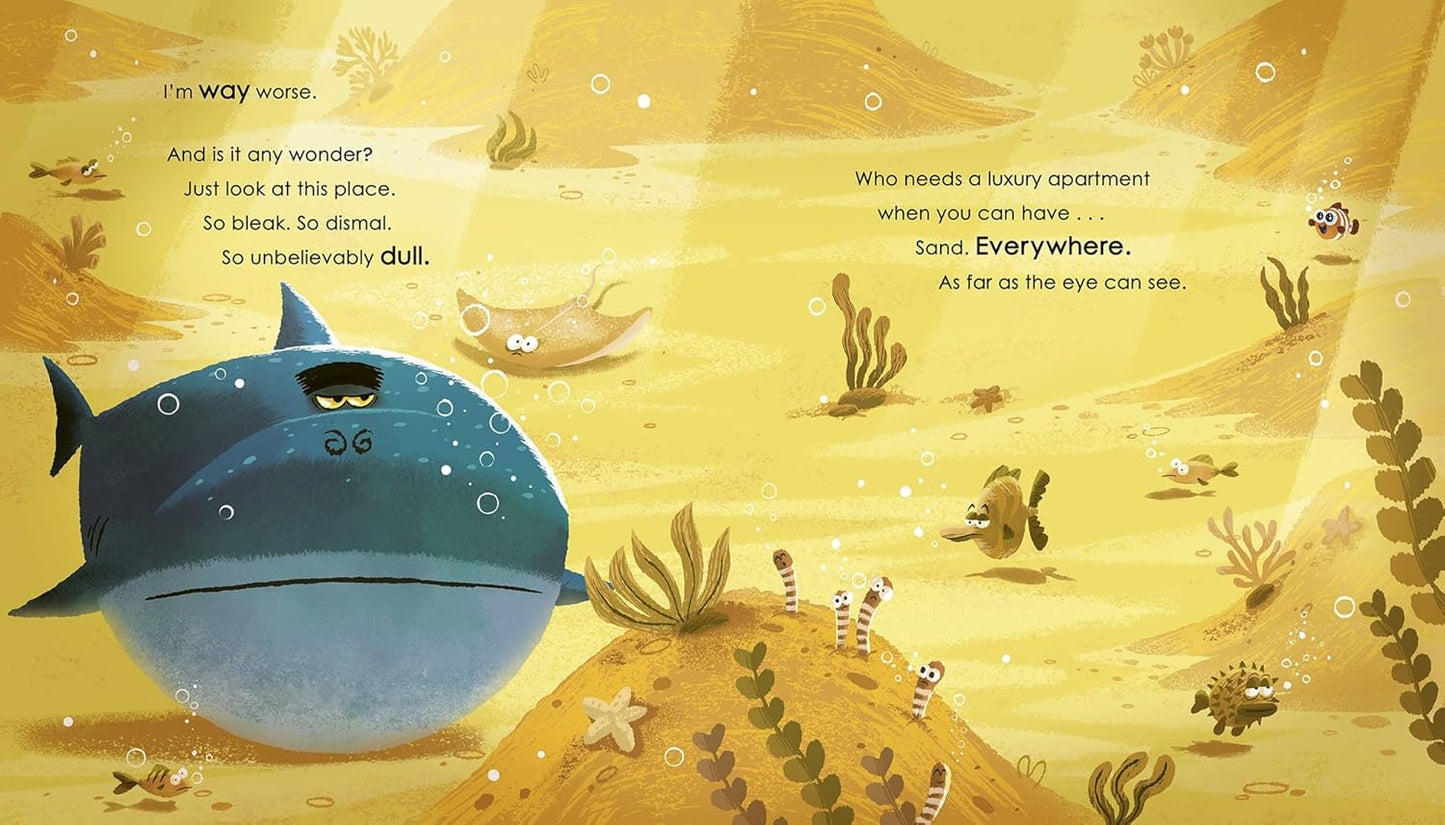 Double page spread of Snarky Sharky with illustrations of the ocean and a grumpy shark.