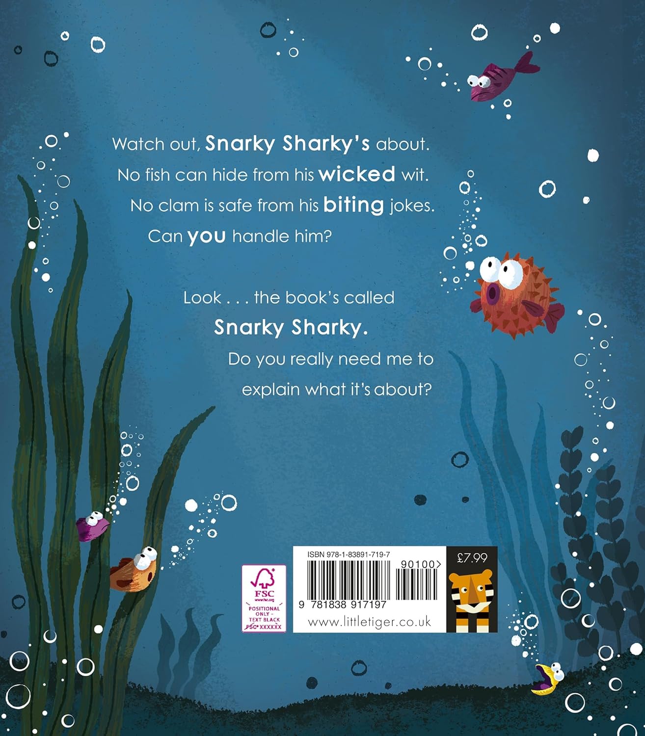 Back cover of Snarky Sharky with a blue background and book blurb.