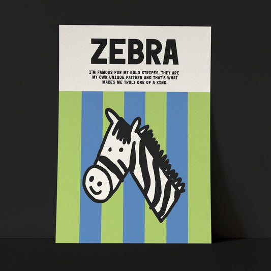 Art print of an illustrated zebra with striped blue and green pattern, on a black background.