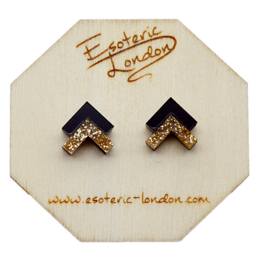 Geometric Stud Earrings - Black & Gold Chevron