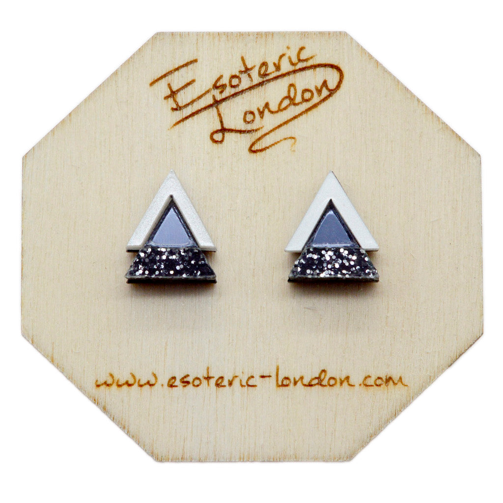Geometric Stud Earrings - Black Glitter & White Triangle
