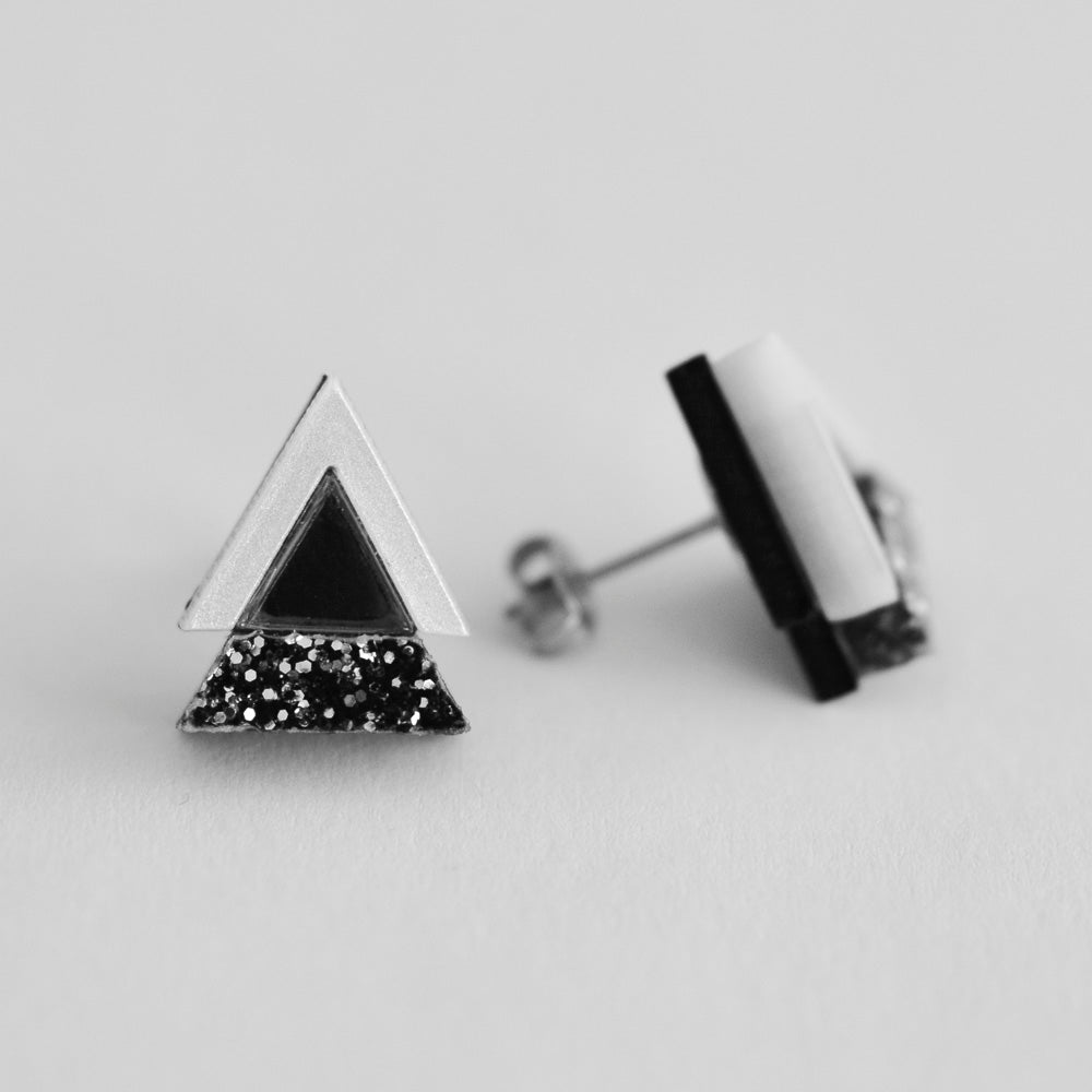 Geometric Stud Earrings - Black Glitter & White Triangle