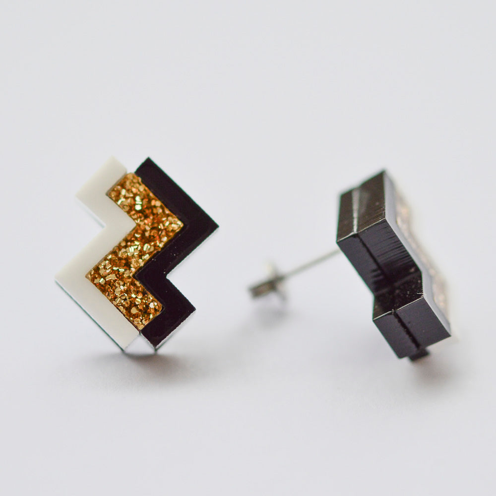 Geometric Stud Earrings - Black, Gold & White Zig Zag